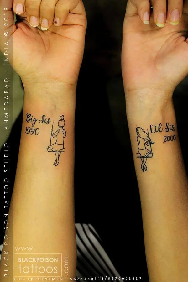 Matching fine line sibling tattoos on two forearms