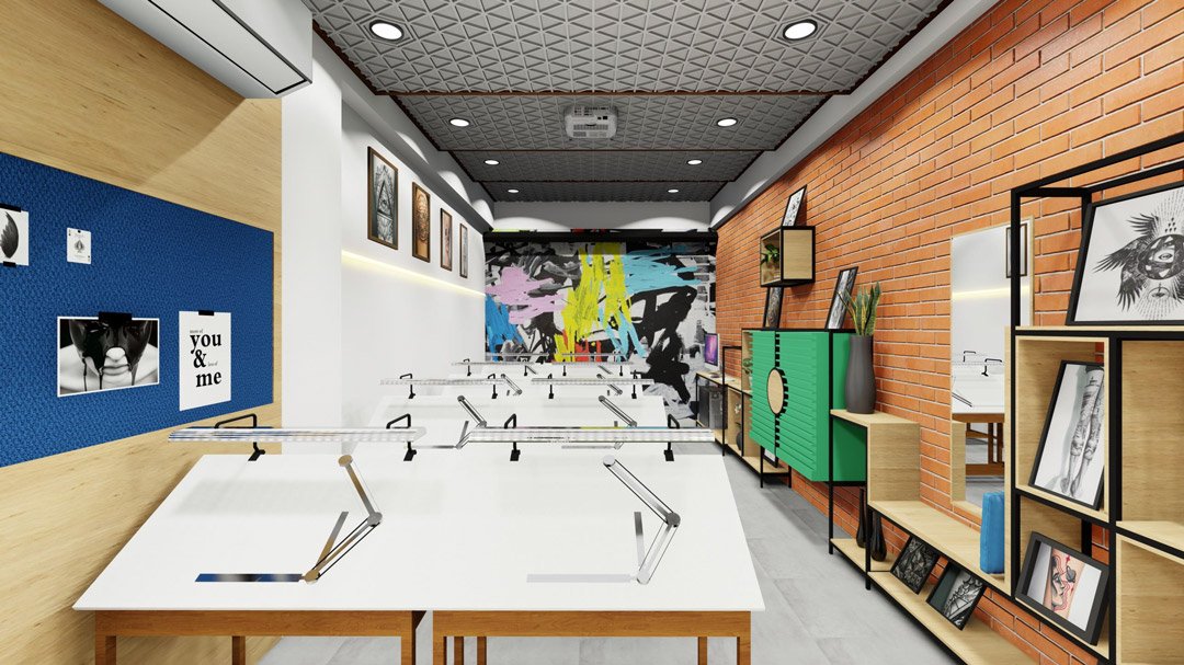 Training room at the Black Poison tattoo academy with student workstations