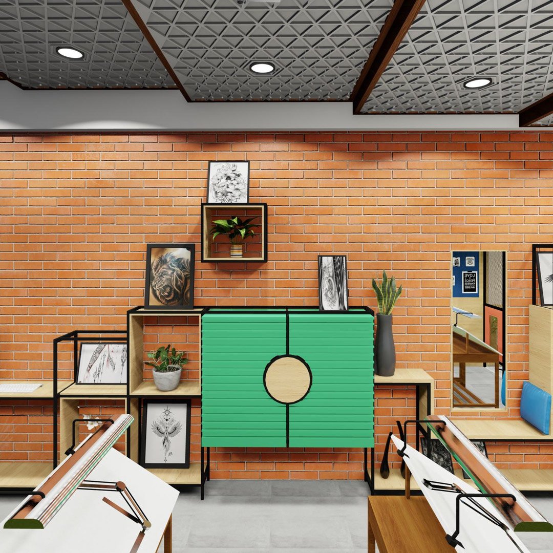 Academy classroom interior with display shelving and framed tattoo artwork