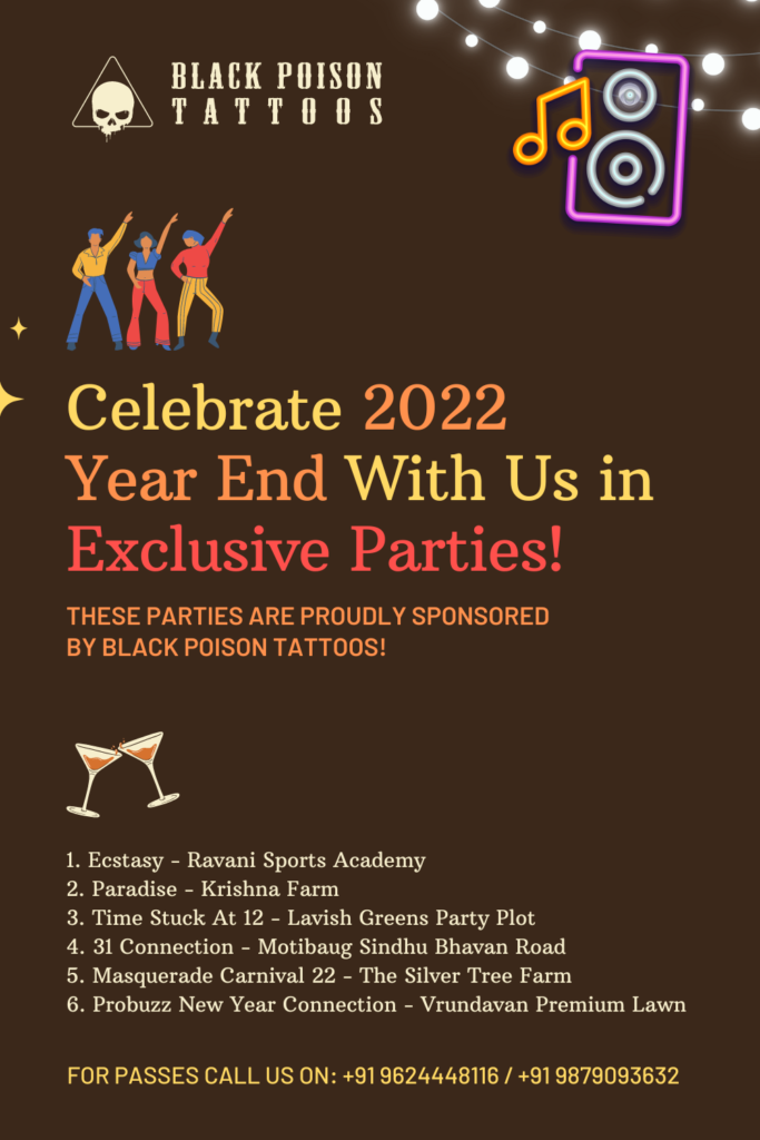Graphic listing the New Year parties sponsored by Black Poison Tattoo Studio in Ahmedabad
