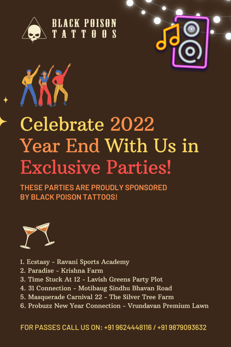 Graphic listing the New Year parties sponsored by Black Poison Tattoo Studio in Ahmedabad
