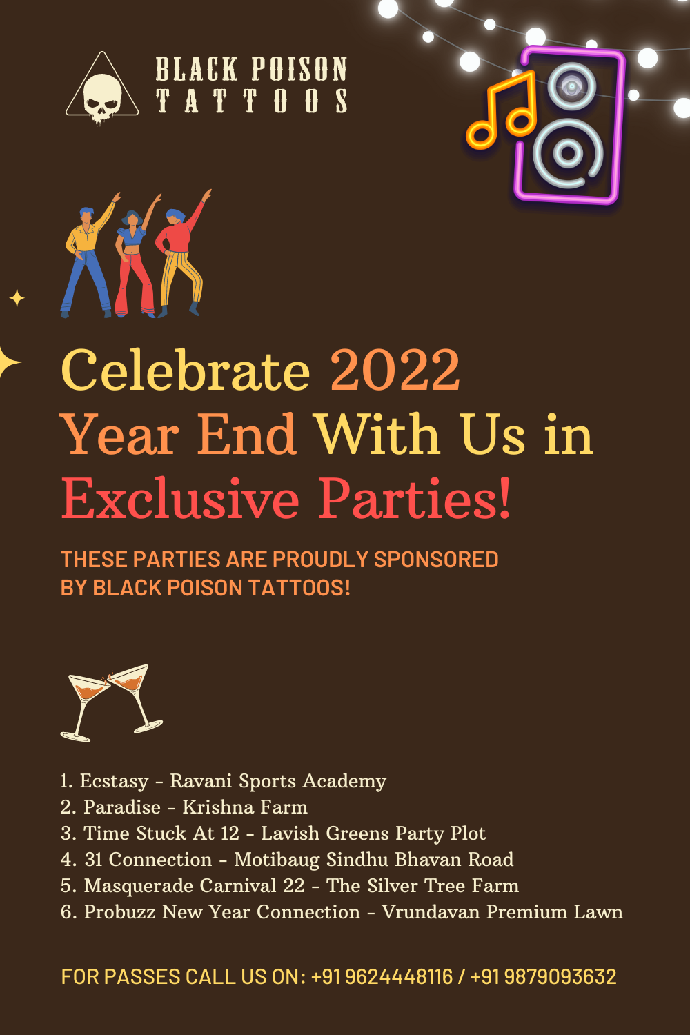 Graphic listing the New Year parties sponsored by Black Poison Tattoo Studio in Ahmedabad