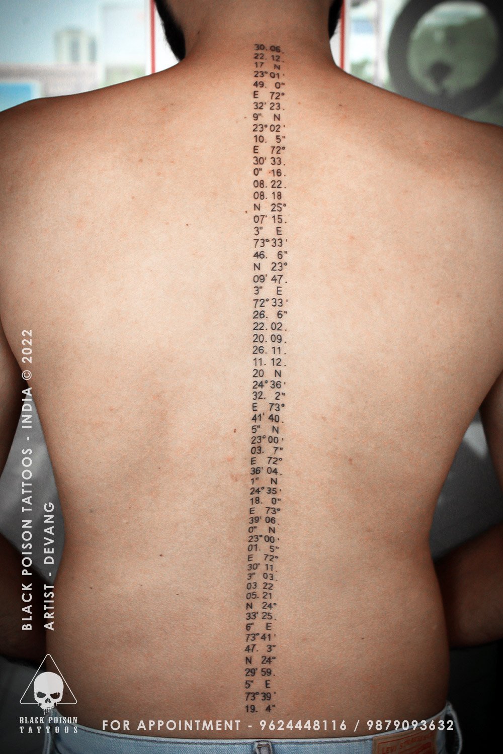 Column of Devanagari script tattooed down the spine
