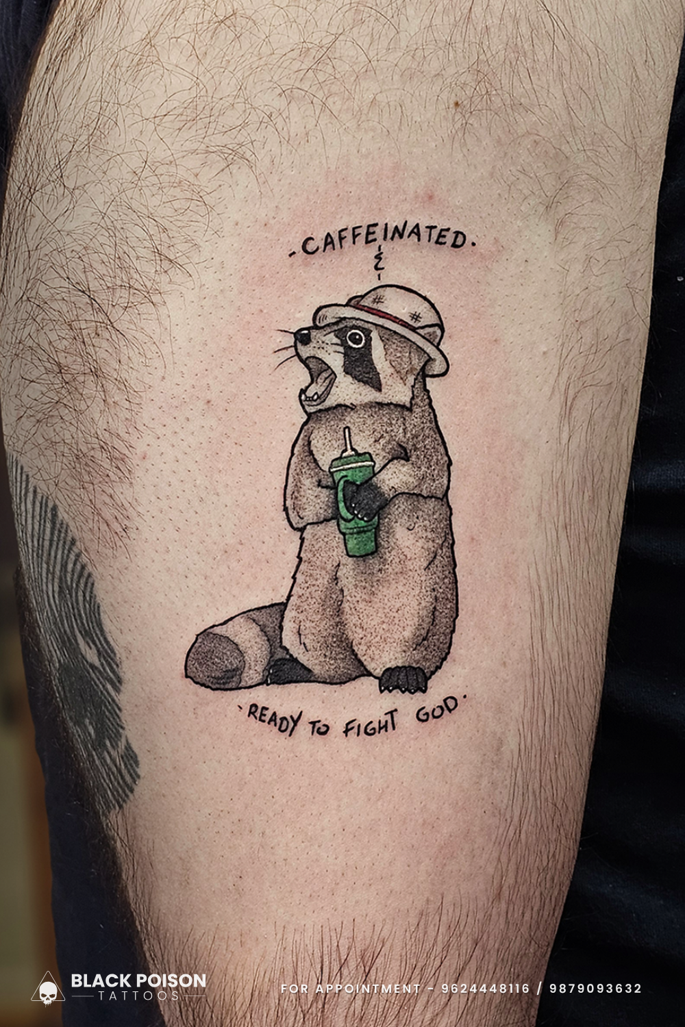Caffeinated Raccoon Tattoo – Funny Meme Tattoo by Black Poison Tattoo Studio