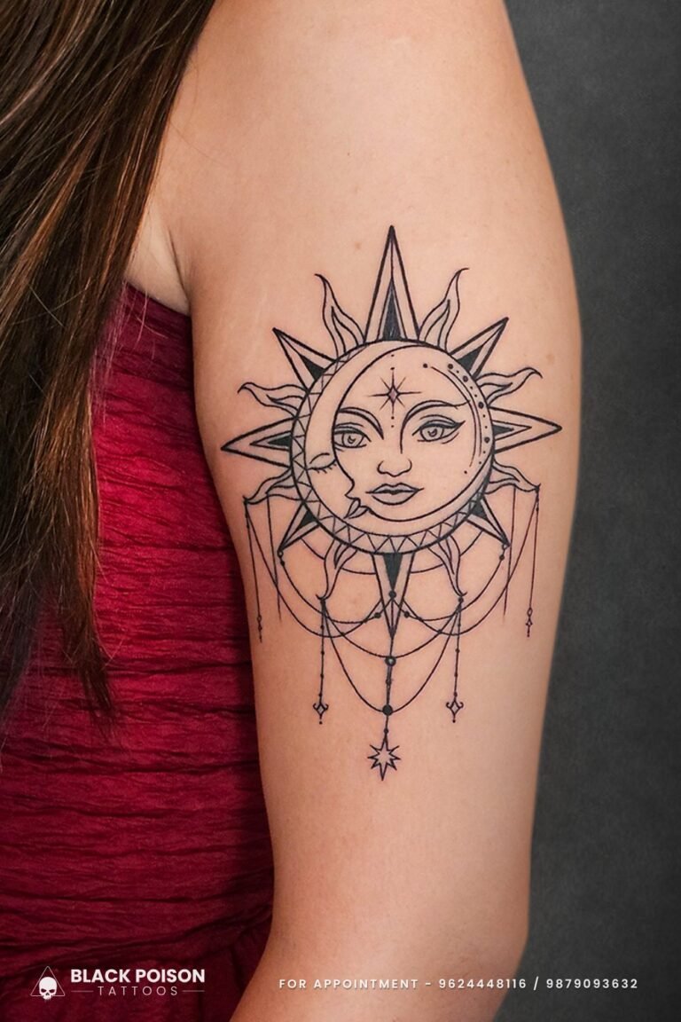 Sun and Moon Tattoo with Ornamental Design – Black Poison Tattoo Studio