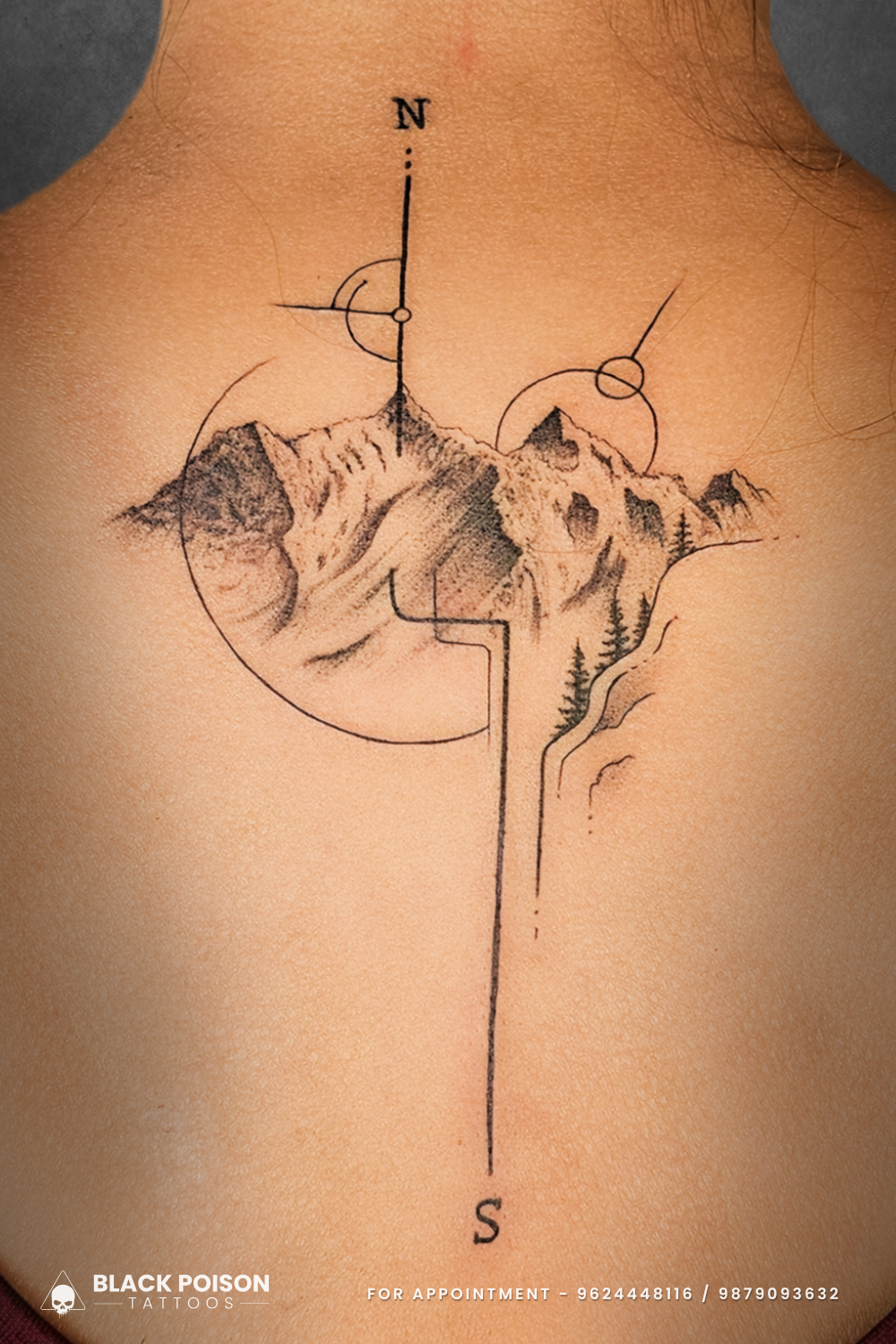 Compass Mountain Tattoo Design with Fine Line Art