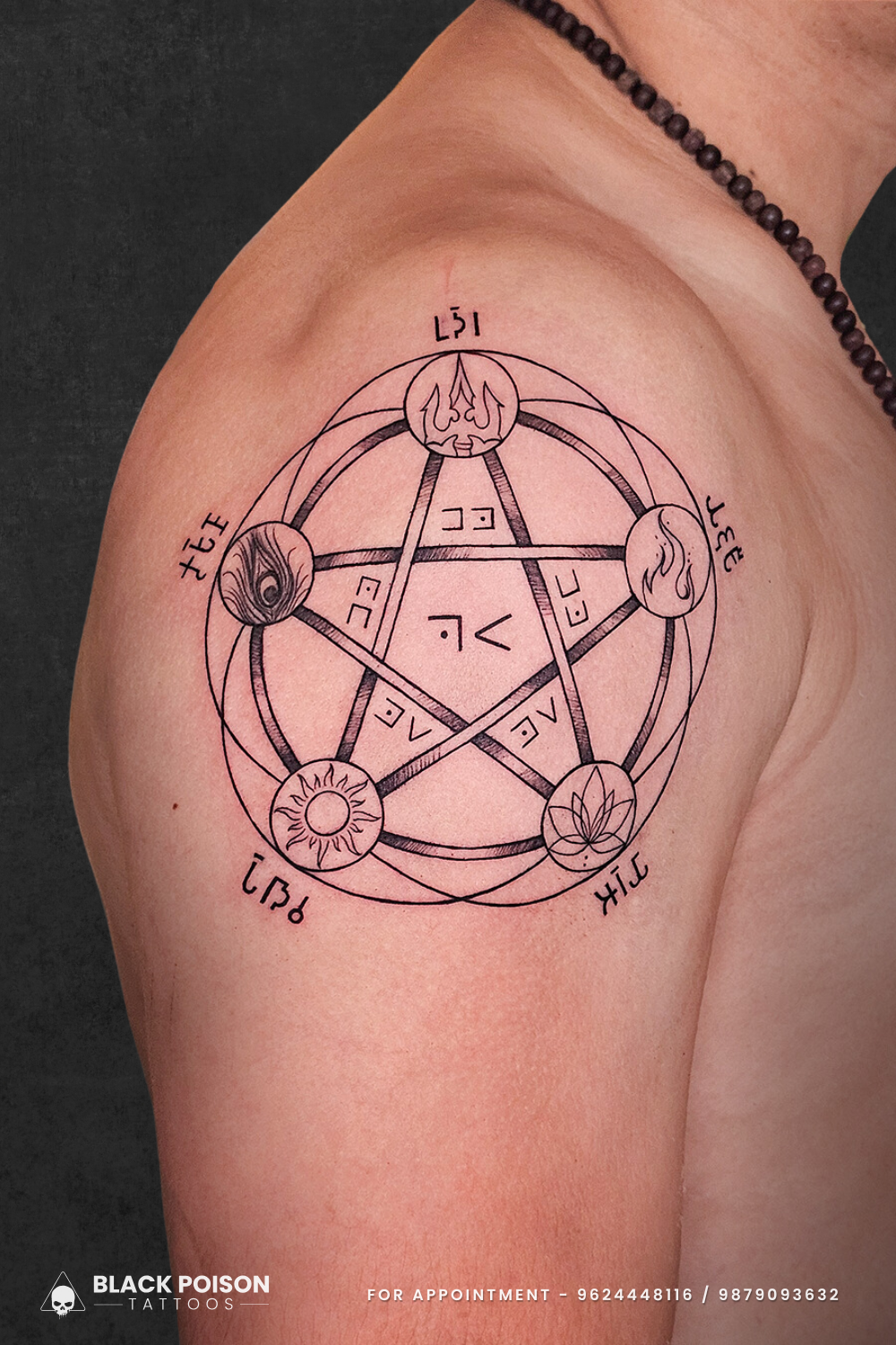 Alchemy Circle Tattoo with Elemental Symbols on Upper Arm