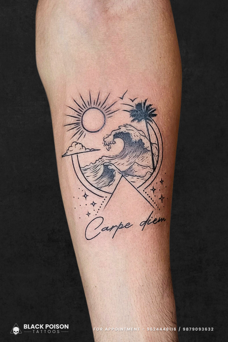Carpe Diem Tattoo Design with Ocean Waves, Sun, and Palm Tree