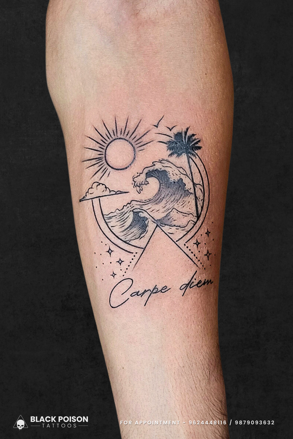 Carpe Diem Tattoo Design with Ocean Waves, Sun, and Palm Tree