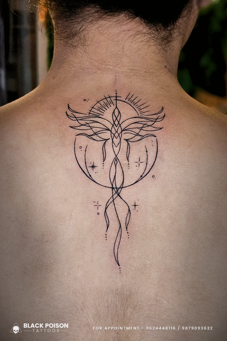 Geometric Phoenix Tattoo on Upper Back