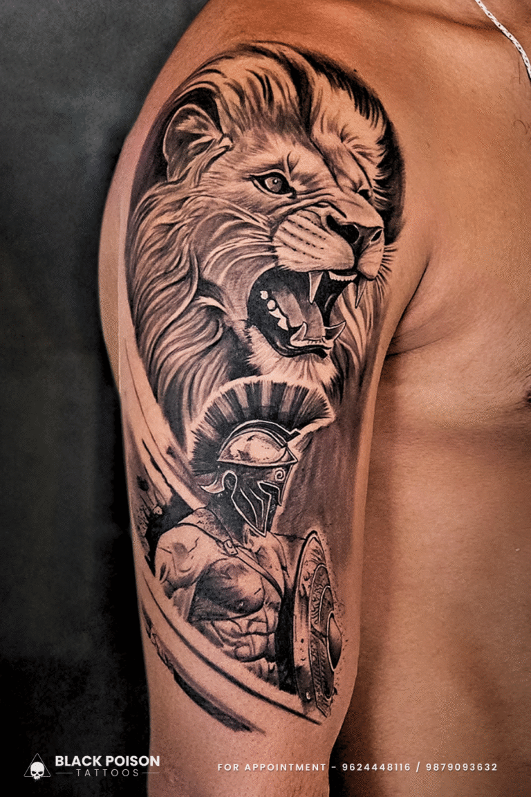 Lion with Gladiator Warrior Arm Tattoo Design