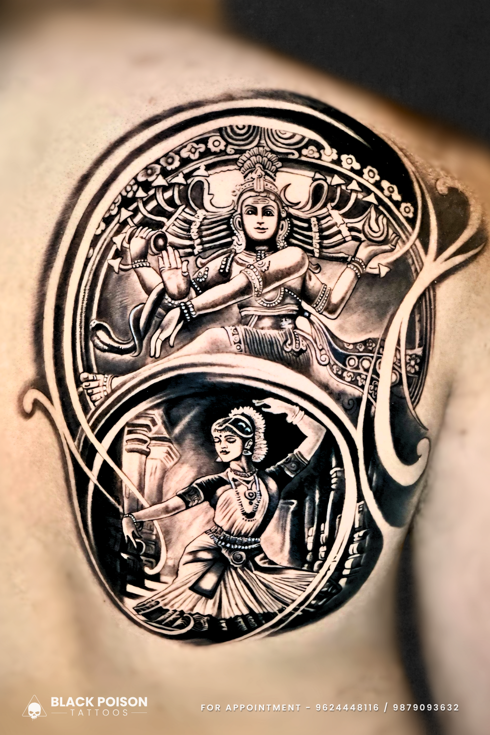Lord Shiva and Bharatanatyam Dancer Tattoo Design on Shoulder