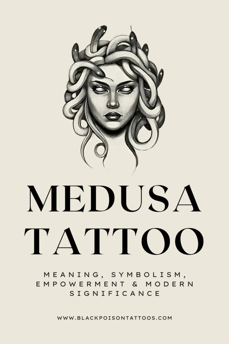 Medusa tattoo on forearm with snake hair and flowers, symbolizing strength and beauty