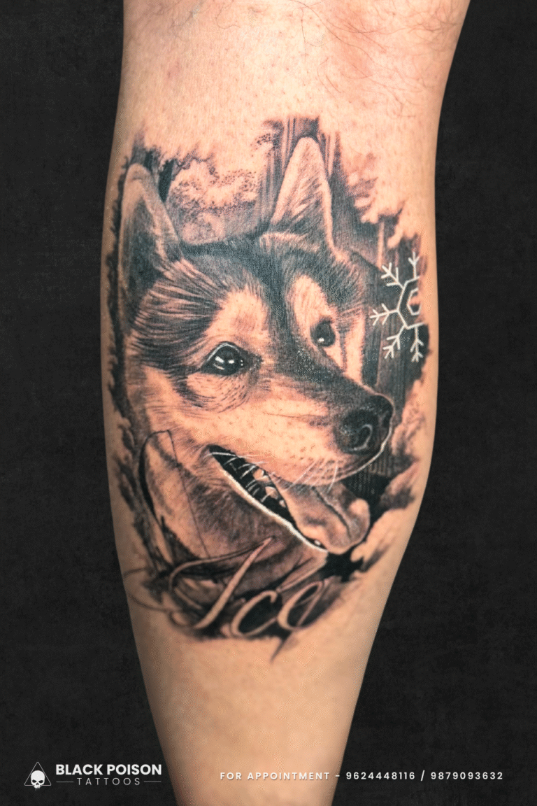 Realistic Husky Tattoo with Snowflake and Script on Leg