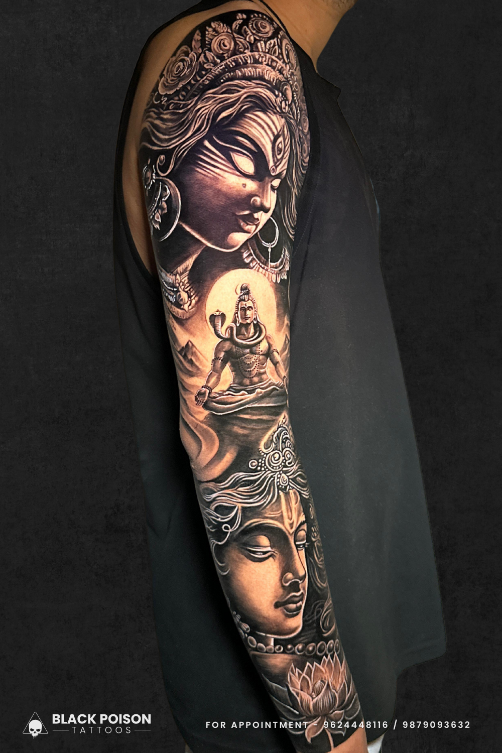 Full Sleeve Shiva and Goddess Tattoo Design on Arm