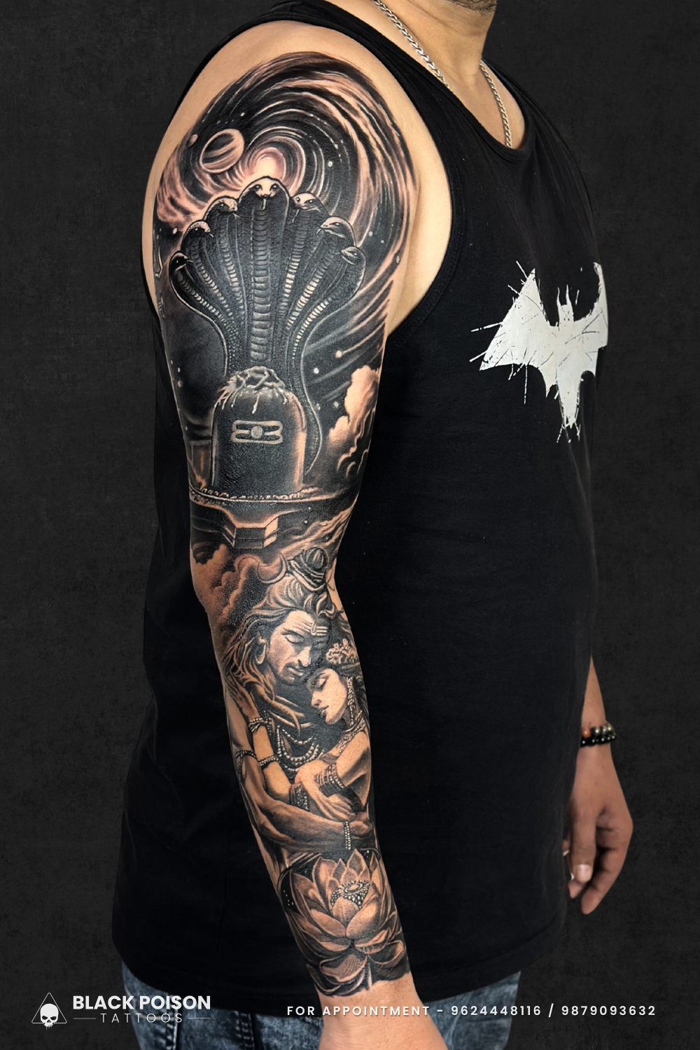 Full Sleeve Tattoo of Shiva and Shakti with Cosmic and Serpent Design