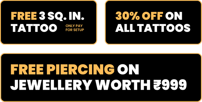 Offer tiles listing a free three square inch tattoo, 30 percent off all tattoos and a free piercing on jewellery worth 999 rupees