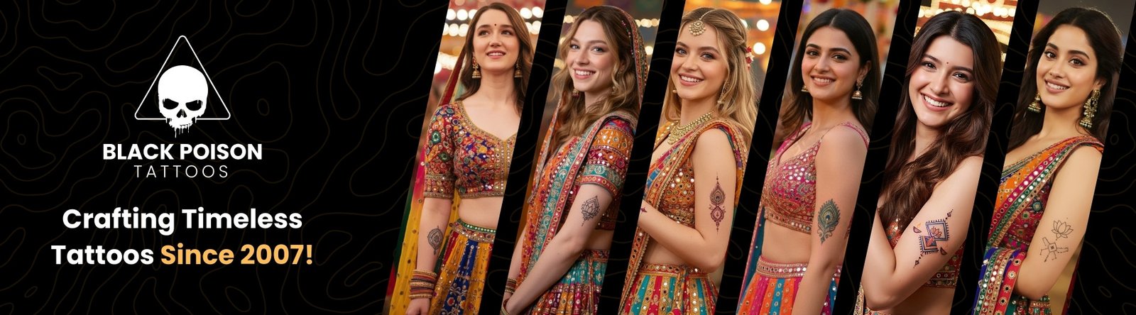 Navratri promotional banner showing women in traditional Gujarati outfits
