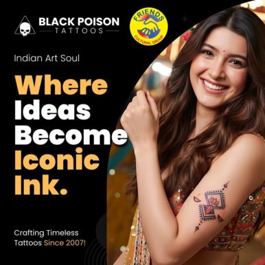 Advertisement graphic with the tagline where ideas become iconic ink, showing an arm tattoo