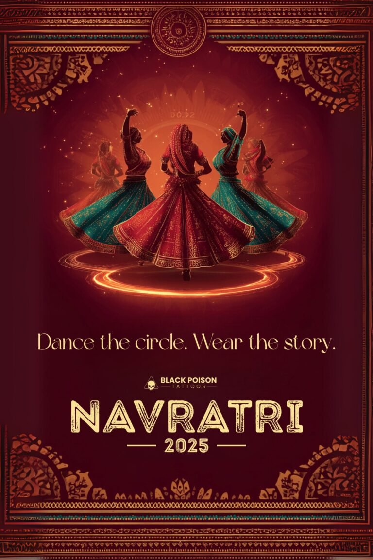 Navratri Garba tattoo collab poster with Gujarati motifs, dandiya silhouettes, and Black Poison Tattoo Studio branding