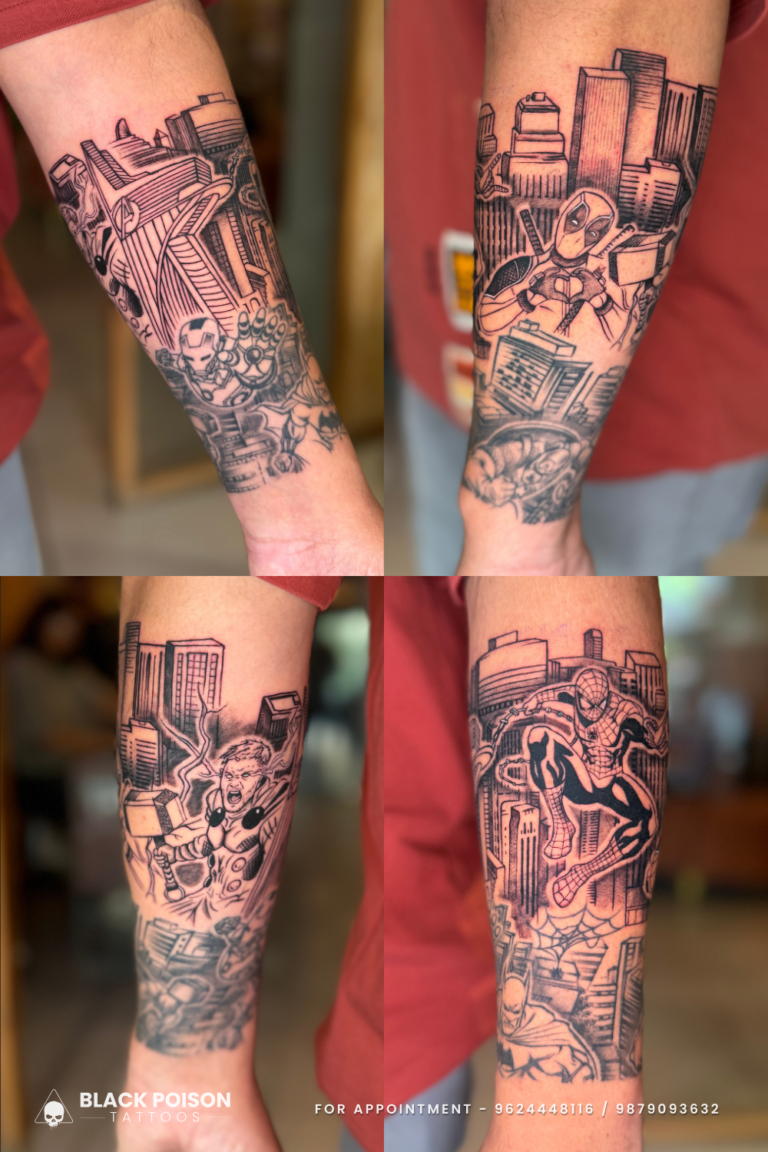 Comic-style Marvel superhero forearm sleeve tattoo by Black Poison Tattoo Studio Ahmedabad