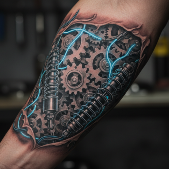 Hyper-realistic 3D biomechanical tattoo showing torn skin and robotic gears, done by Black Poison Tattoo Studio in Ahmedabad.