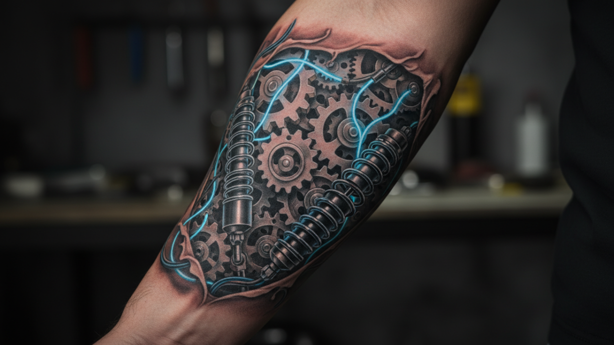 Hyper-realistic 3D biomechanical tattoo showing torn skin and robotic gears, done by Black Poison Tattoo Studio in Ahmedabad.