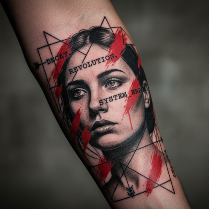 Custom abstract and Trash Polka style tattoo featuring high-contrast black and red ink by Black Poison Tattoo Studio in Ahmedabad.