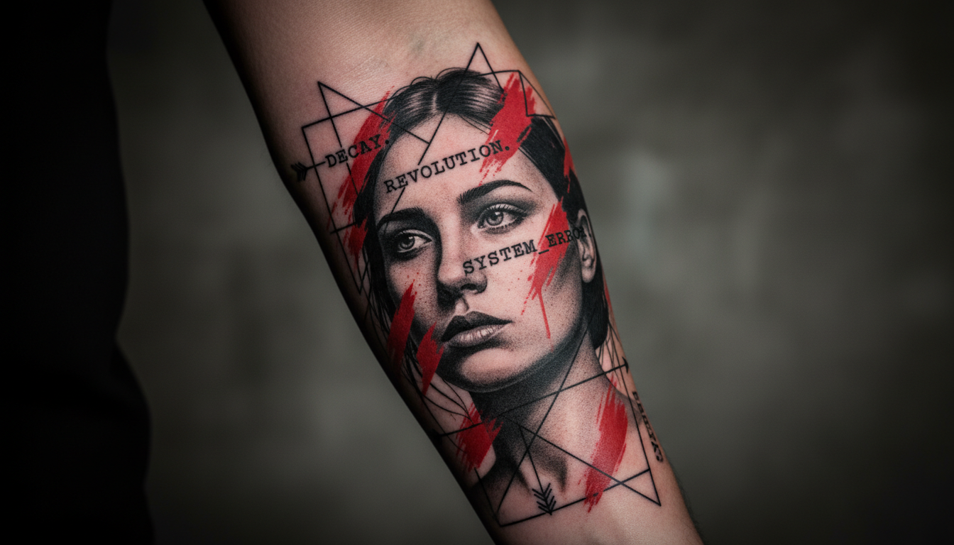 Custom abstract and Trash Polka style tattoo featuring high-contrast black and red ink by Black Poison Tattoo Studio in Ahmedabad.