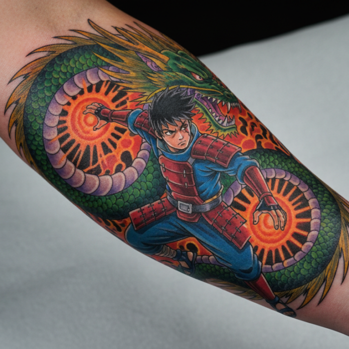 Vibrant, custom full-color anime character tattoo done by the artists at Black Poison Tattoo Studio in Ahmedabad.
