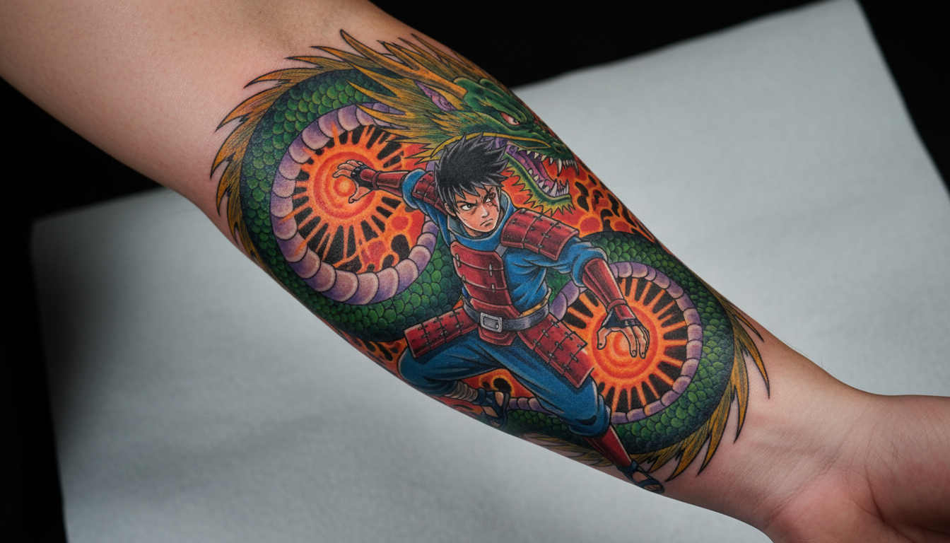 Vibrant, custom full-color anime character tattoo done by the artists at Black Poison Tattoo Studio in Ahmedabad.