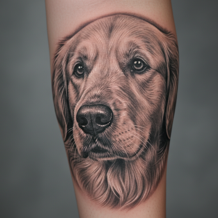 A hyper-realistic black and grey pet portrait tattoo of a dog created by the artists at Black Poison Tattoo Studio in Ahmedabad.