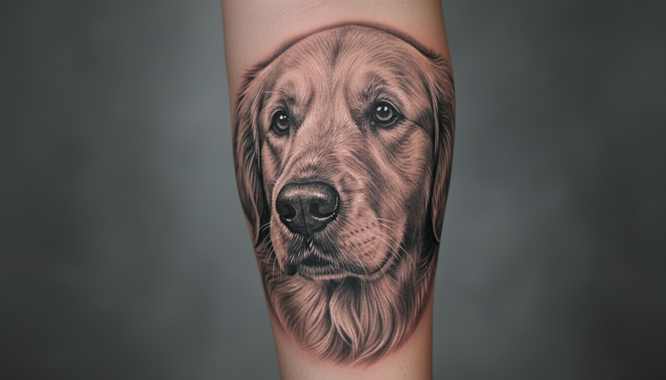 A hyper-realistic black and grey pet portrait tattoo of a dog created by the artists at Black Poison Tattoo Studio in Ahmedabad.