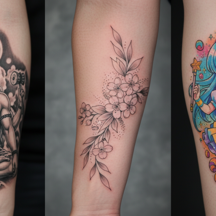 A collage showing a variety of custom tattoo subjects including spiritual, floral, and anime designs by Black Poison Tattoo Studio in Ahmedabad.