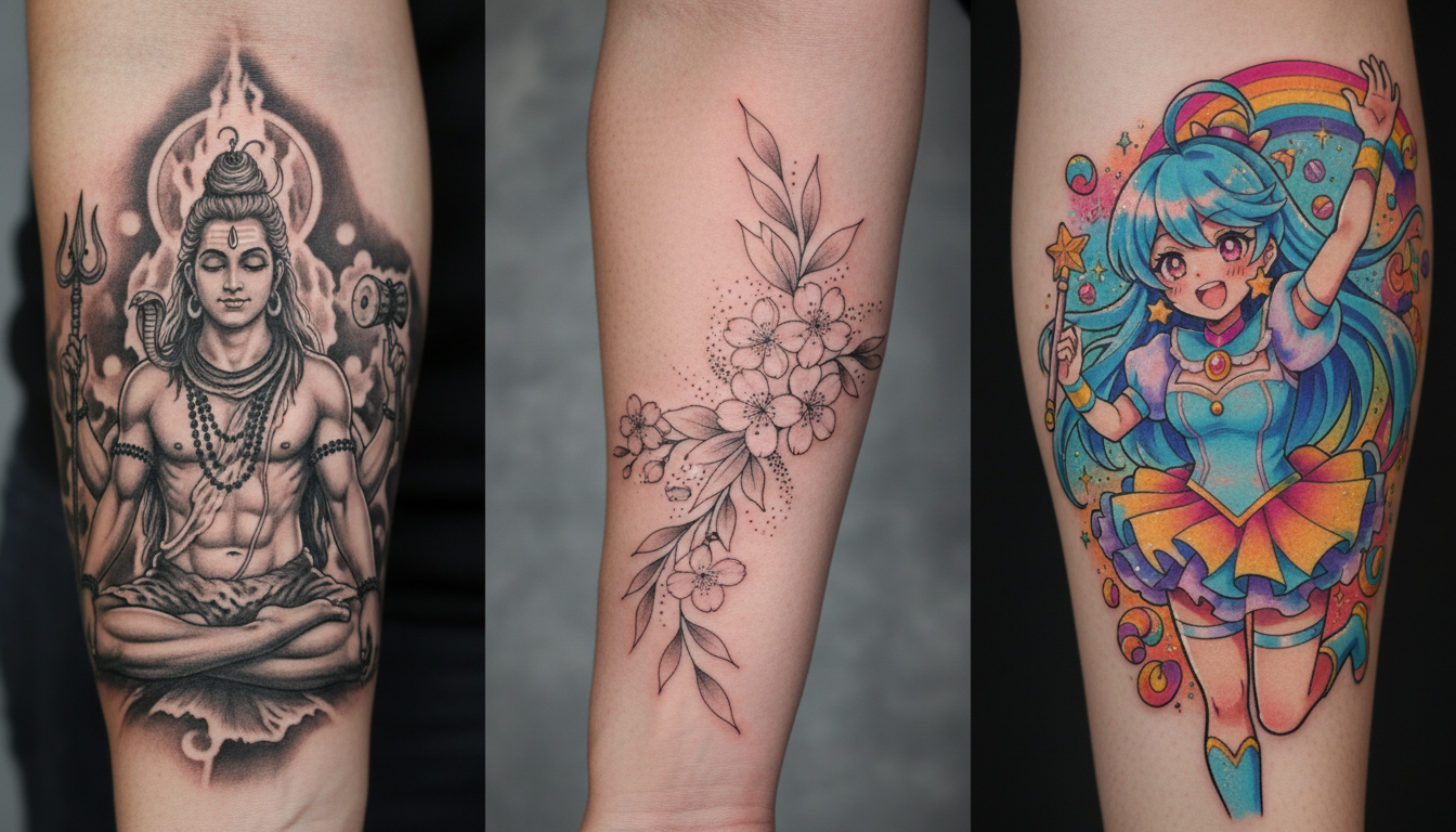 A collage showing a variety of custom tattoo subjects including spiritual, floral, and anime designs by Black Poison Tattoo Studio in Ahmedabad.