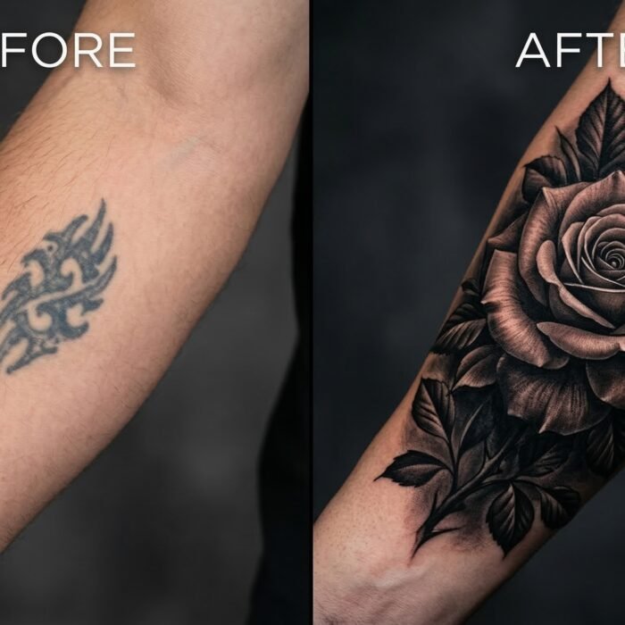 A stunning before and after photo of a flawless black and grey rose cover-up tattoo by Black Poison Tattoo Studio in Ahmedabad.