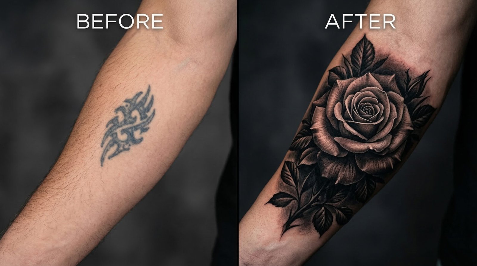 A stunning before and after photo of a flawless black and grey rose cover-up tattoo by Black Poison Tattoo Studio in Ahmedabad.