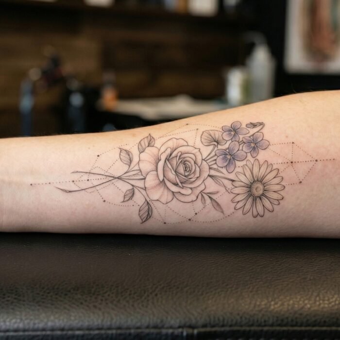 A delicate fine-line family birth flower bouquet and constellation tattoo by the artists at Black Poison Tattoo Studio in Ahmedabad.