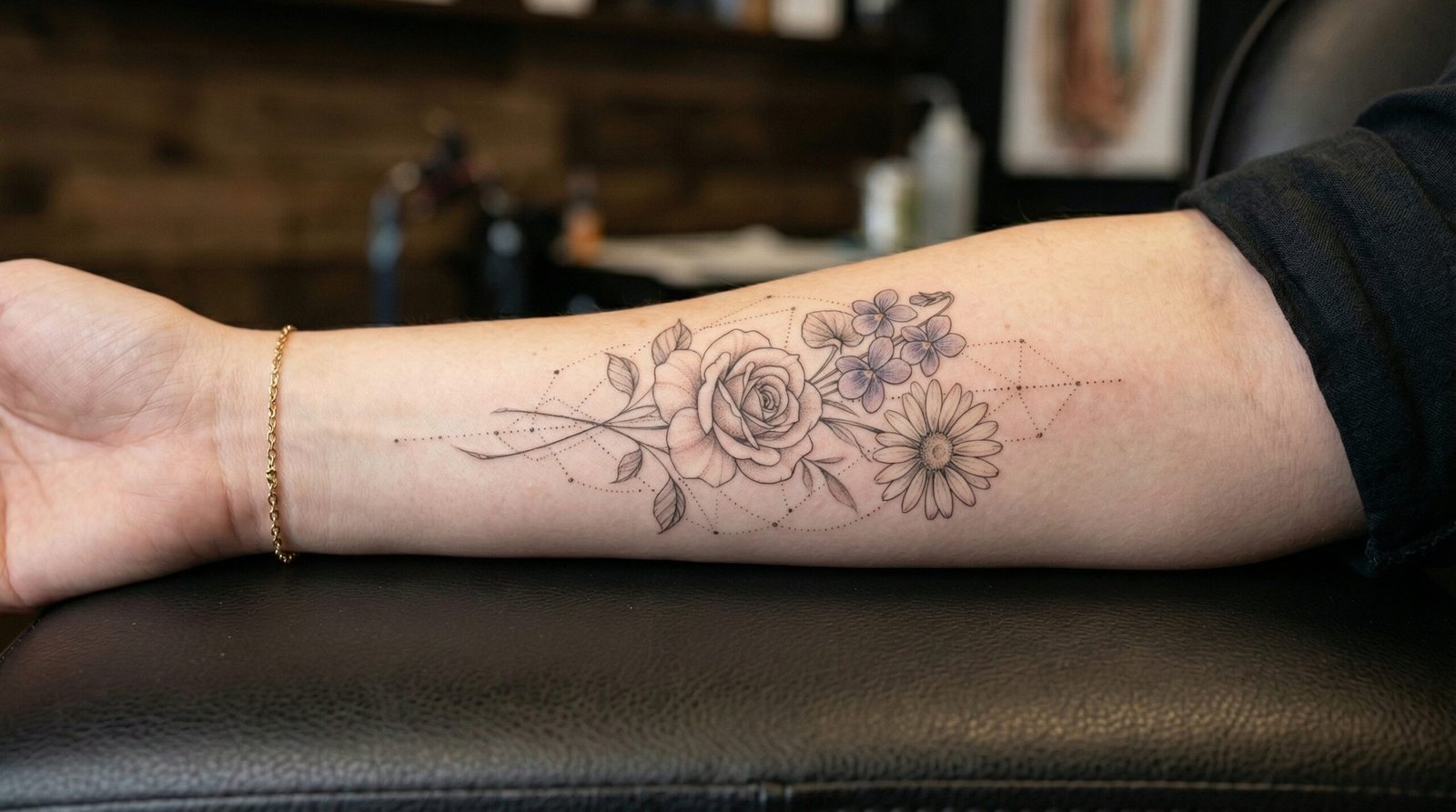 A delicate fine-line family birth flower bouquet and constellation tattoo by the artists at Black Poison Tattoo Studio in Ahmedabad.