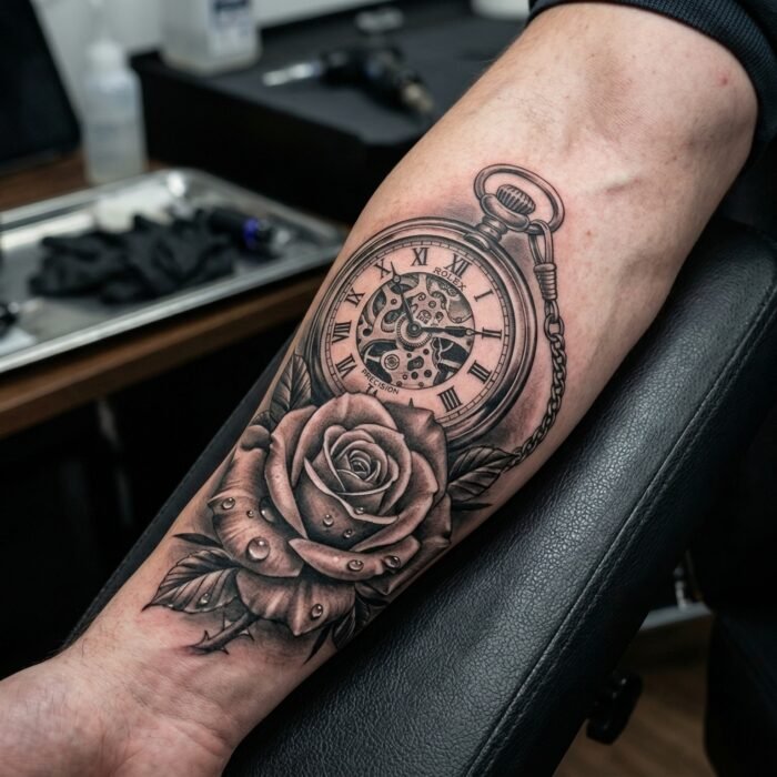 A hyper-realistic black and grey pocket watch and rose tattoo featuring flawless shading by Black Poison Tattoo Studio in Ahmedabad.