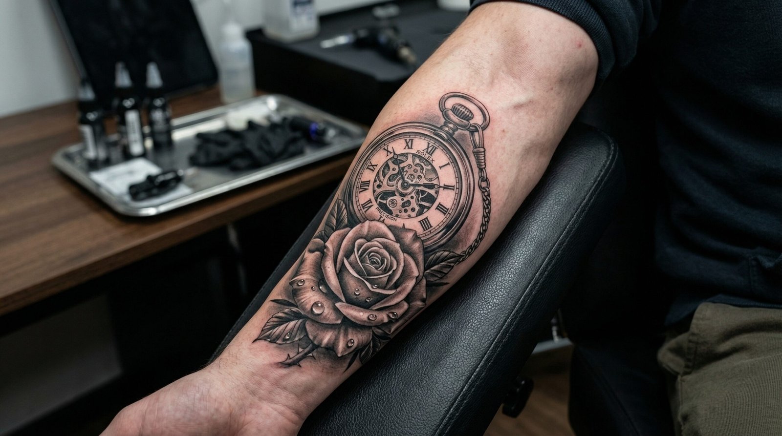 A hyper-realistic black and grey pocket watch and rose tattoo featuring flawless shading by Black Poison Tattoo Studio in Ahmedabad.