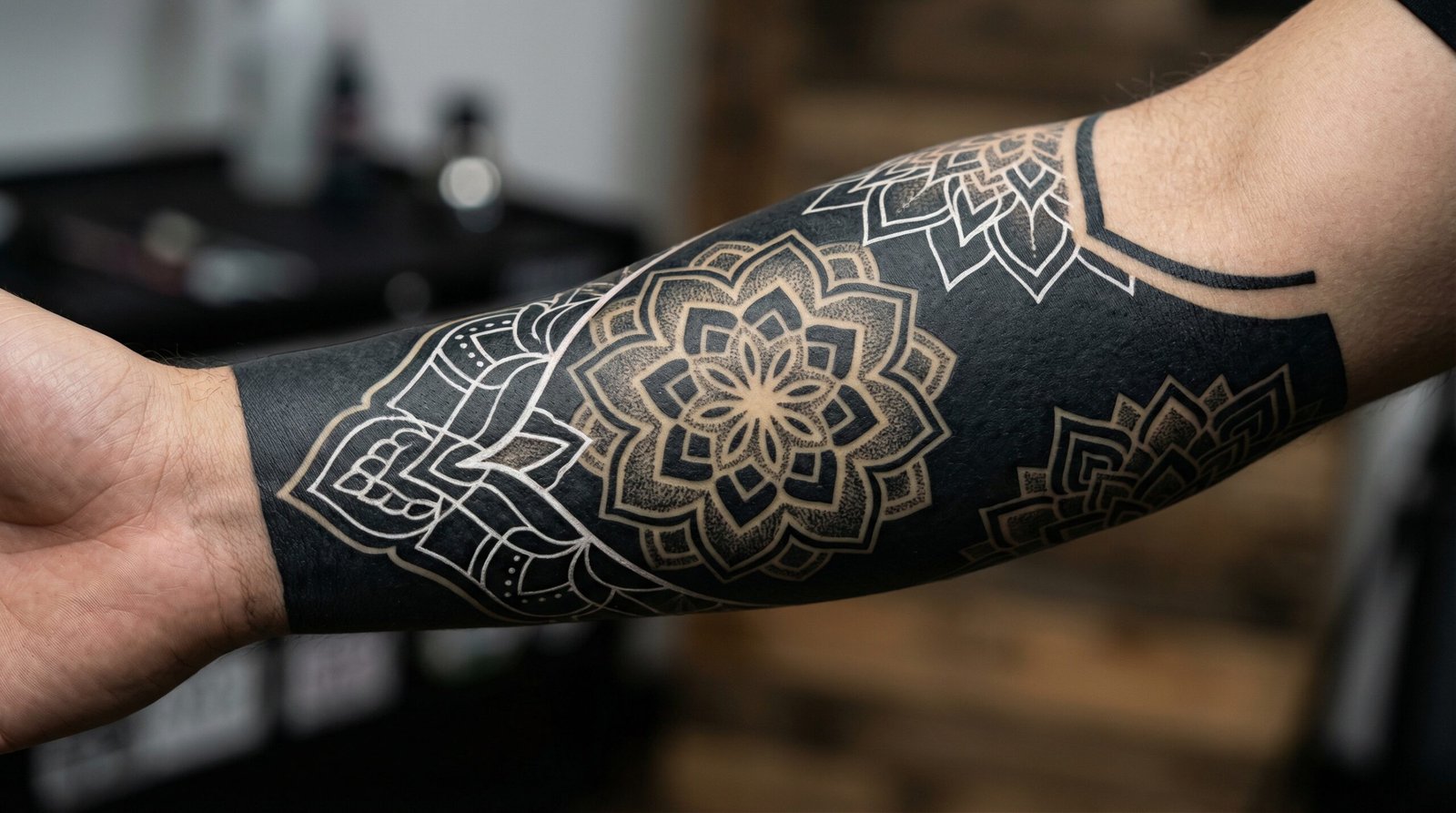 A deeply saturated, custom blackwork and blackout sleeve featuring negative space mandalas by Black Poison Tattoo Studio in Ahmedabad.