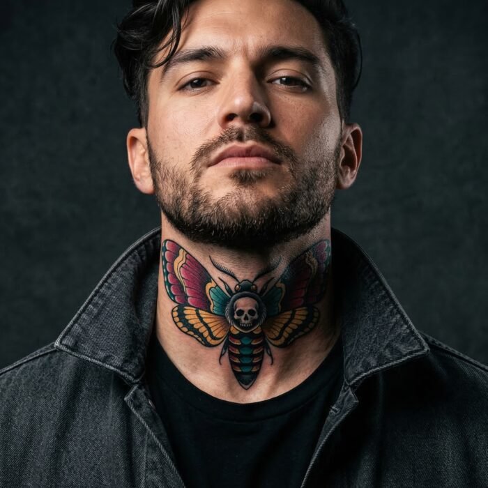 A flawlessly executed, bold neo-traditional throat tattoo crafted by the senior artists at Black Poison Tattoo Studio in Ahmedabad.