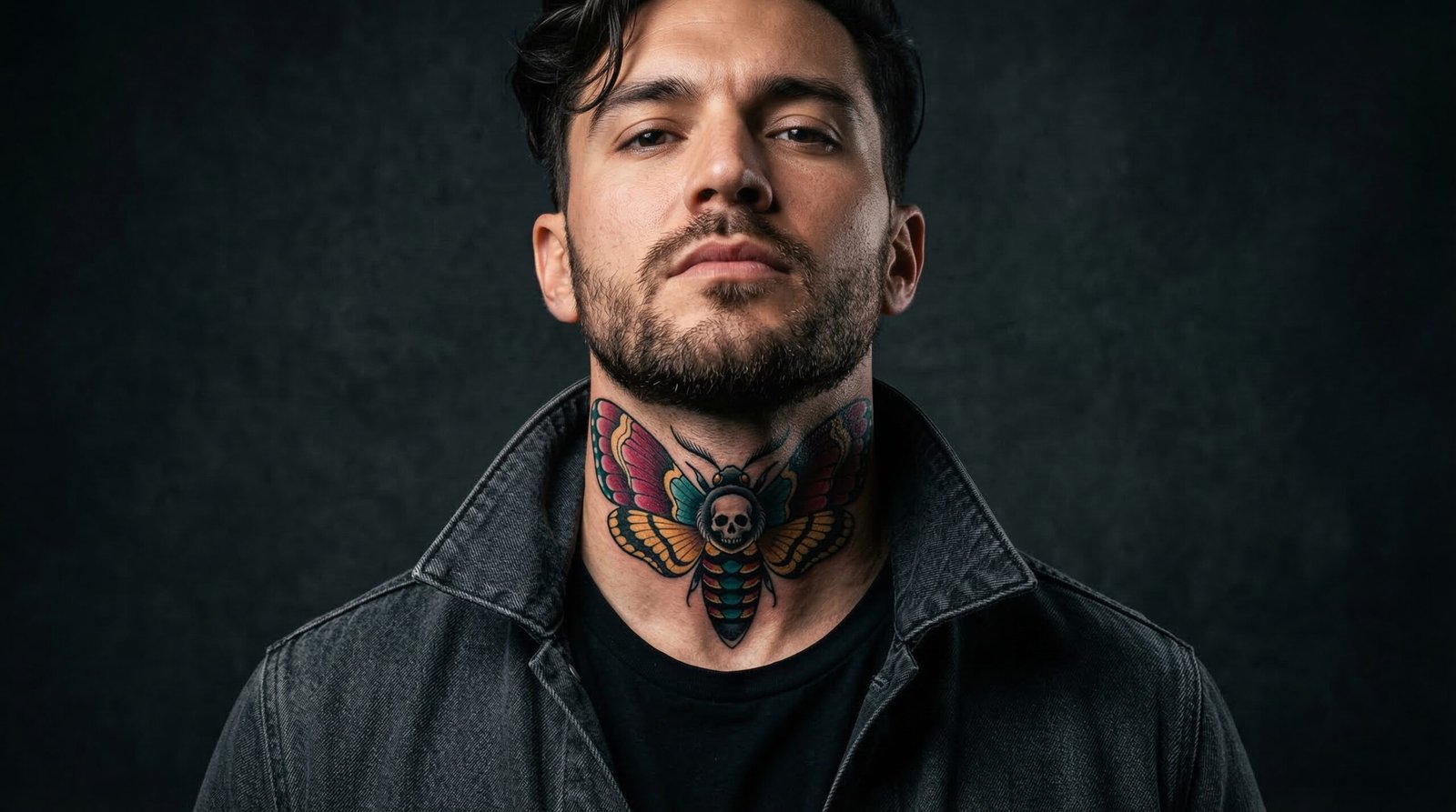 A flawlessly executed, bold neo-traditional throat tattoo crafted by the senior artists at Black Poison Tattoo Studio in Ahmedabad.
