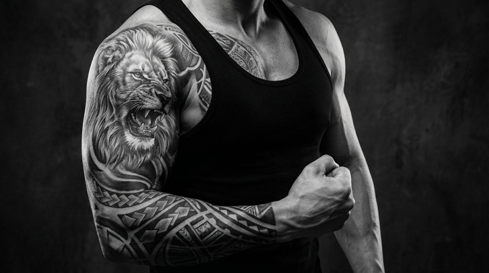 A powerful, custom black and grey realism chest and half-sleeve tattoo designed for men by Black Poison Tattoo Studio in Ahmedabad.