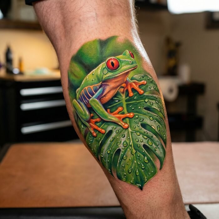 A hyper-realistic full-color tree frog tattoo featuring flawless color saturation by Black Poison Tattoo Studio in Ahmedabad.