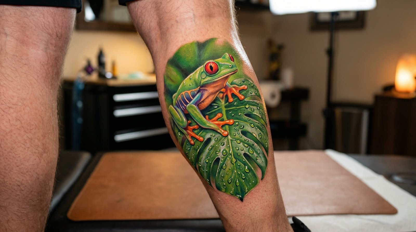 A hyper-realistic full-color tree frog tattoo featuring flawless color saturation by Black Poison Tattoo Studio in Ahmedabad.