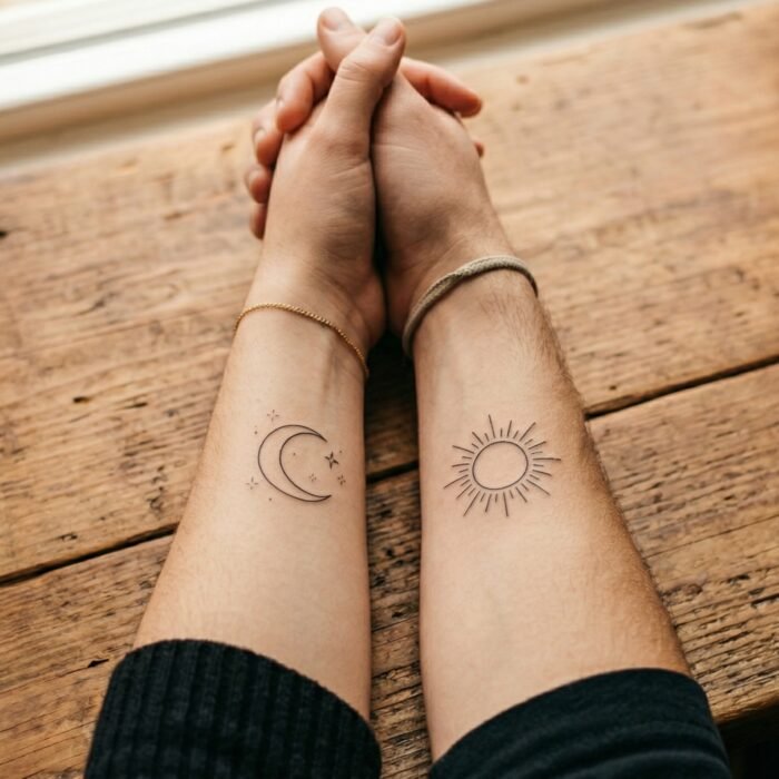 Complementary fine-line sun and moon matching tattoos for a couple, crafted by the artists at Black Poison Tattoo Studio in Ahmedabad.