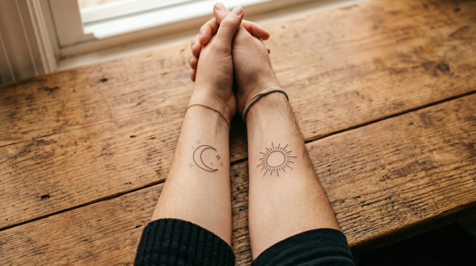 Complementary fine-line sun and moon matching tattoos for a couple, crafted by the artists at Black Poison Tattoo Studio in Ahmedabad.