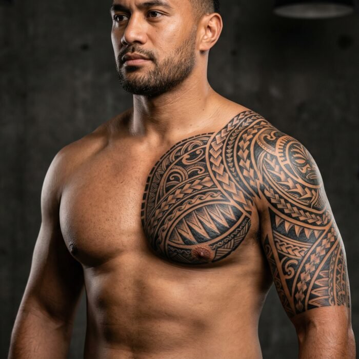 A beautifully healed custom Polynesian tribal chest and half-sleeve tattoo by the artists at Black Poison Tattoo Studio in Ahmedabad.